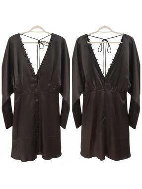 ASOS DESIGN Mini Dress Button Front Tie Back Long Sleeve Party Black Size 10